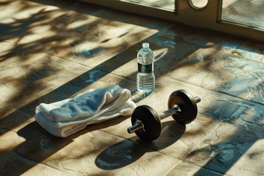 Dumbbell, Towel, and Water Bottle on Gym Floor photo