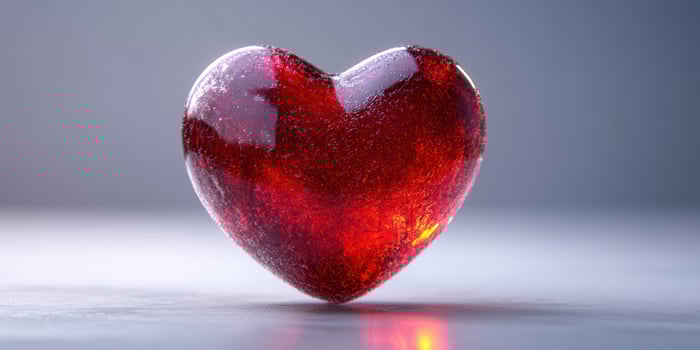 Shiny red heart shaped crystal on a smooth surface with soft lighting photo