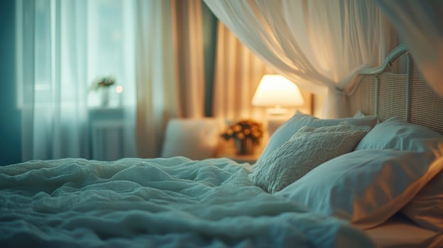 A bed with white sheets and pillows photo