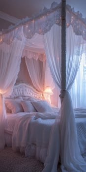 Cozy boucle bedroom with elegant canopy and soft lighting photo