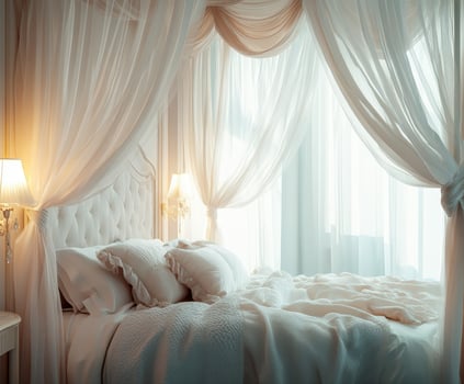 Elegant boucle bedroom with soft natural light and draped curtains photo