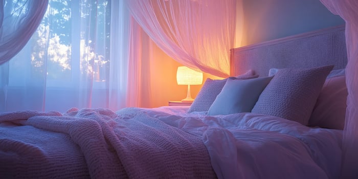 Cozy boucle bedroom with soft lighting and elegant textures photo