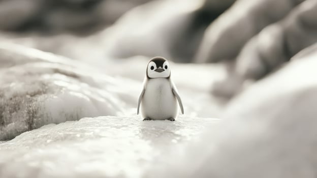 Penguin chick standing on icy landscape in winter setting photo