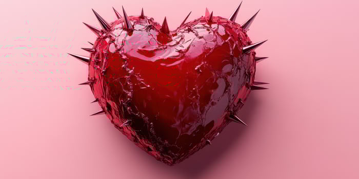 Heart made of glass and covered in spikes resting on a pink background symbolizes pain and love simultaneously photo