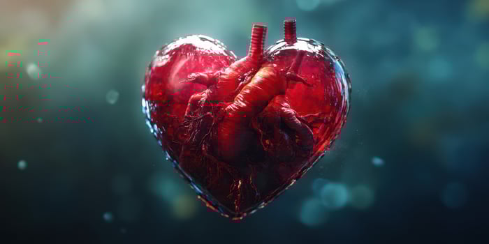 Heart-shaped sculpture made of translucent material showcasing intricate inner details in a soft blue backdrop photo