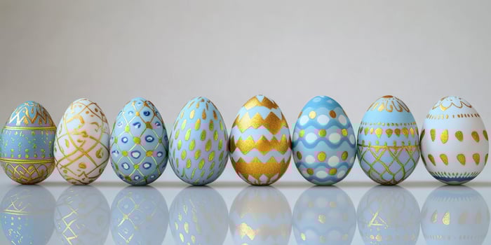 Decorative pastel and gold eggs arranged on a reflective surface for a spring celebration photo