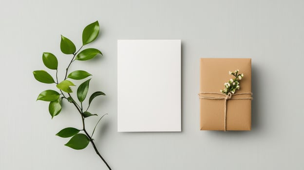 A white card with a leaf on it sits next to a brown box photo