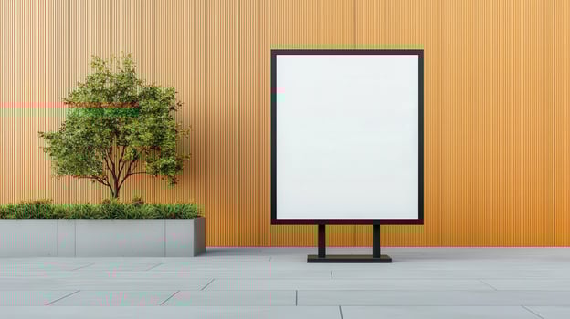 A white sign is standing in front of a tree photo