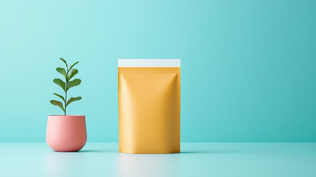 A plant is sitting next to a yellow bag photo