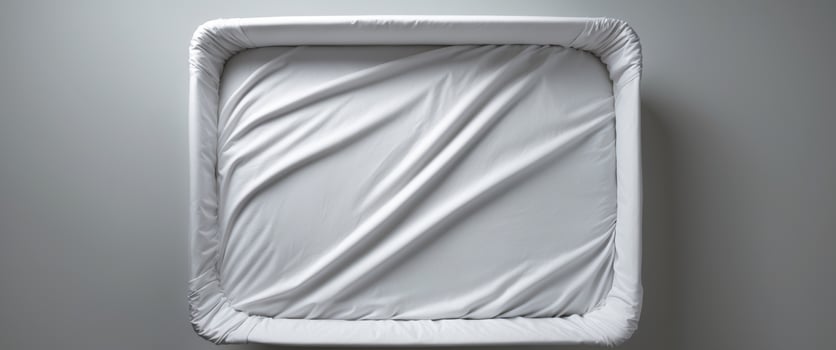 A white crib with a sheet covering it photo