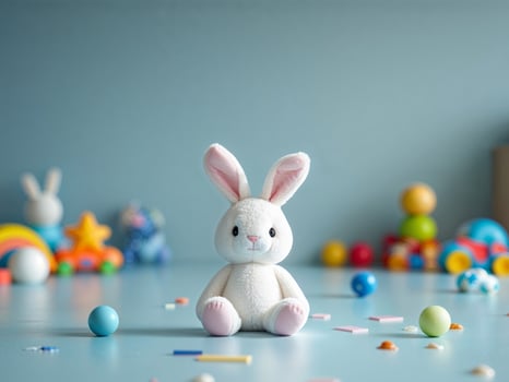A stuffed bunny sits in front of a colorful room photo