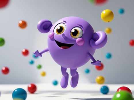 A cartoon purple monkey is surrounded by colorful balls photo