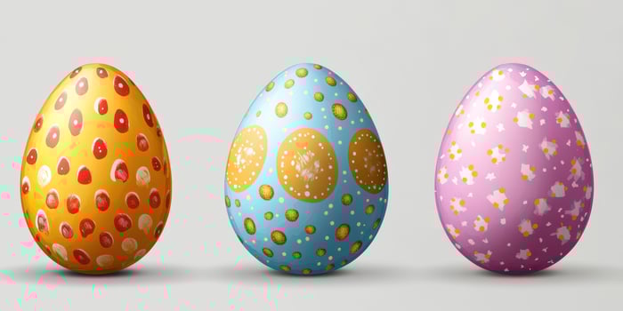 Colorful Easter eggs with unique designs displayed on a neutral background in spring photo