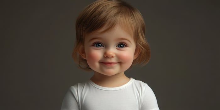 Smiling toddler with short hair wearing a white shirt in a neutral background photo