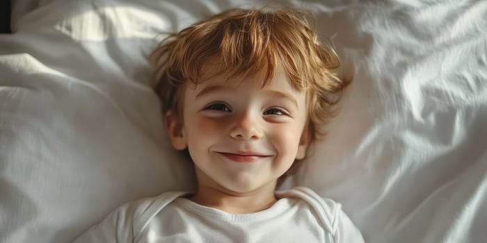 Smiling child lying on a soft bed with white sheets, enjoying a moment of happiness indoors photo