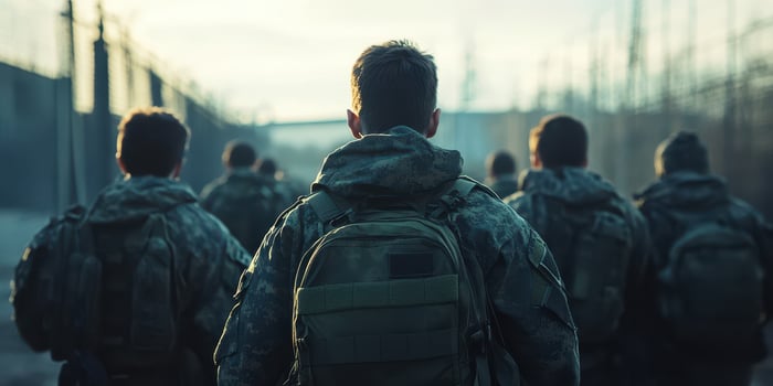 Soldiers march through an abandoned area during early morning hours in a military training exercise photo
