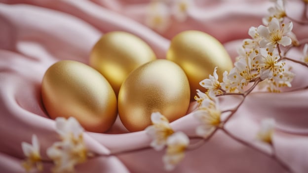 Golden eggs nestled in pink fabric with delicate white blossoms, easter concept photo