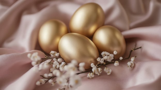 Golden eggs with delicate flowers on luxurious satin fabric background photo