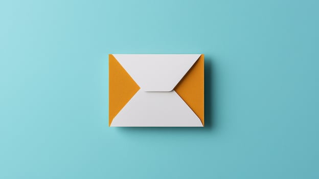 A white envelope with a yellow border sits on a blue wall photo