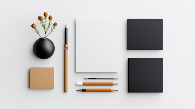 A white and black design with a vase, pens, pencils, and a notebook photo
