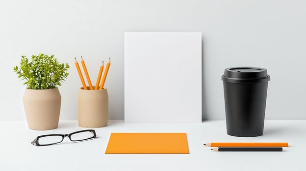A white desk with a black cup, a black pen, a black pencil photo