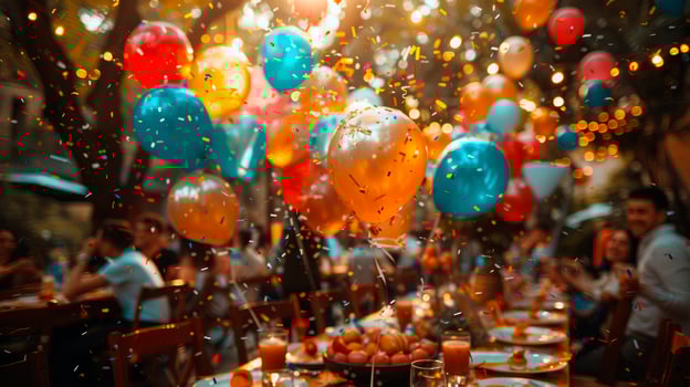 Festive balloons and confetti cloud at holiday image. Joyful atmosphere of birthday party outdoors photography scene realistic. Happy celebration decor concept photorealistic photo