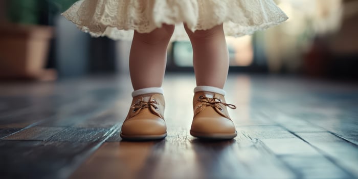 Little feet in charming shoes stand on polished wooden floor in a cozy setting during the afternoon photo