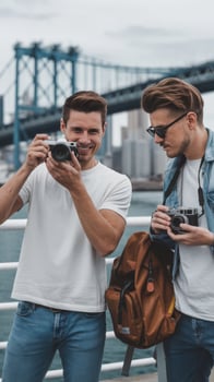 Two men taking pictures with their cameras photo