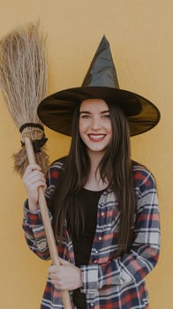 A woman in a witch hat holding a broom photo