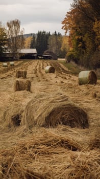 Hay bales in a field with trees and barns photo