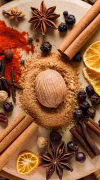 Concept of spices and condiments nutmegs top view photo