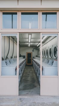 A laundry room with a door and a window photo