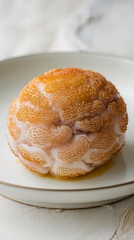 A white plate with a piece of food on it photo