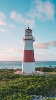 A red and white lighthouse on a hill overlooking the ocean photo