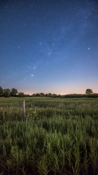 The night sky over a field with a fence post photo
