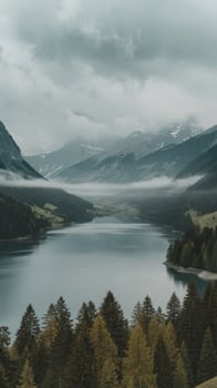 Beautiful misty and cloudy landscape with lake and mountns in summer natural colorful background traunsee lake in the austrian applause gmunden photo