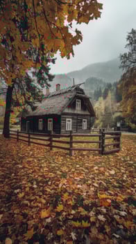 An old wooden house surrounded by autumn leaves photo