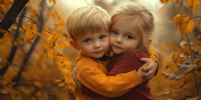 Two children embrace in a warm autumn forest, capturing a moment of joy and friendship among colorful leaves photo