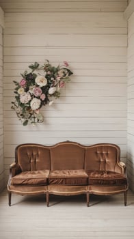 A vintage couch with flowers hanging from the wall photo