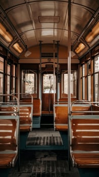 Empty train car with wooden seats and windows photo