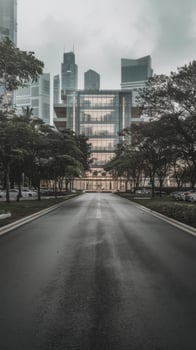 An empty road in front of a modern office building photo