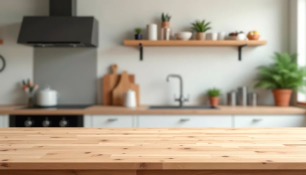 Empty wooden table in front of blurred kitchen background, product display montage photo