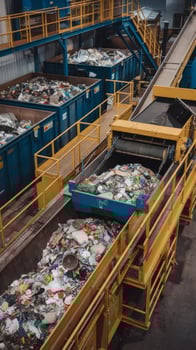 A large room with several garbage bins and a conveyor belt photo