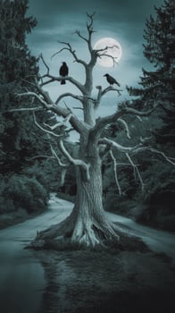 A tree with two crows sitting on it in front of a full moon photo