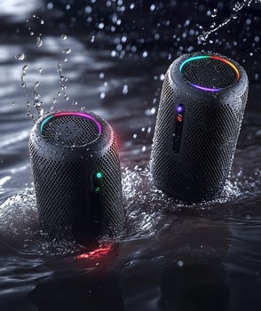 Two black and red speakers in water photo