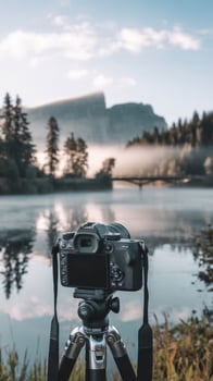 A camera on a tripod in front of a lake photo