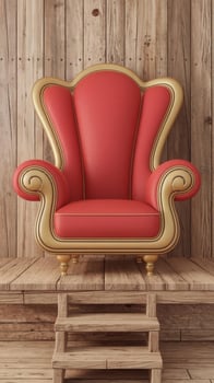 Red chair on wooden floor with wooden wall photo