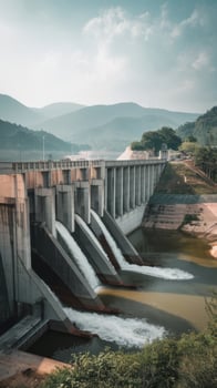 Khun dan prakan chon dam is made of large concrete it is releasing water from the dam to reduce the amount of water from rn in nakhon nayok thland photo