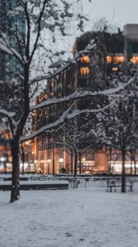 A park with snow on the ground and trees photo