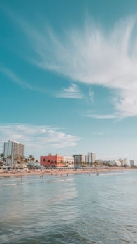 A beach with a blue sky and buildings in the background photo